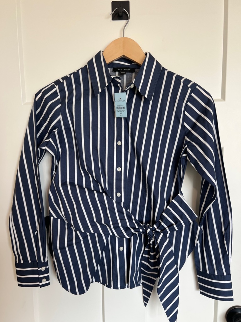 Ann Taylor Navy & White Striped Tie-Waist Button Shirt